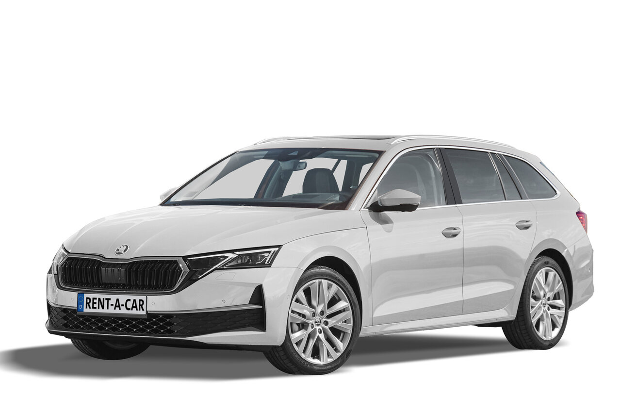 Weißer Skoda Octavia Combi steht schräg seitlich vor weißem Hintergrund