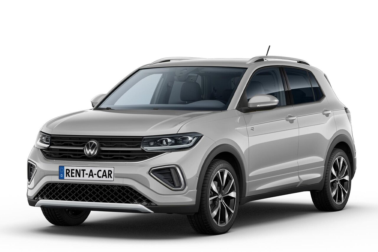 Silbener VW T-Cross steht schräg seitlich vor weißem Hintergrund