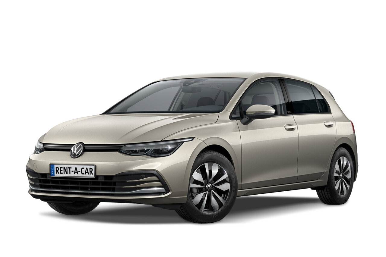 Silberner VW Golf Weißer steht schräg seitlich vor weißem Hintergrund