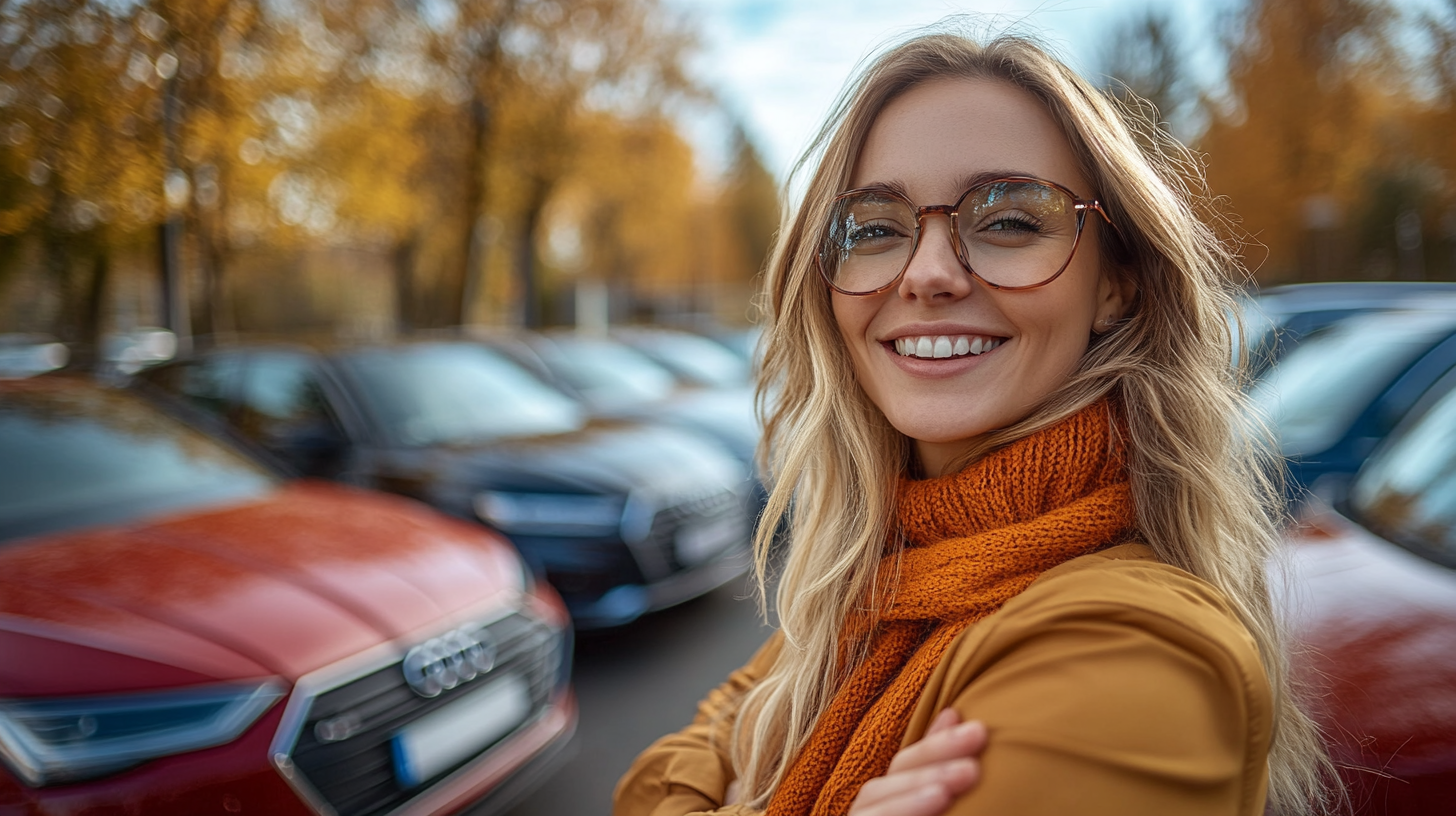In die Kamera lächelnde Person steht vor einer Vielzahl von Fahrzeugen