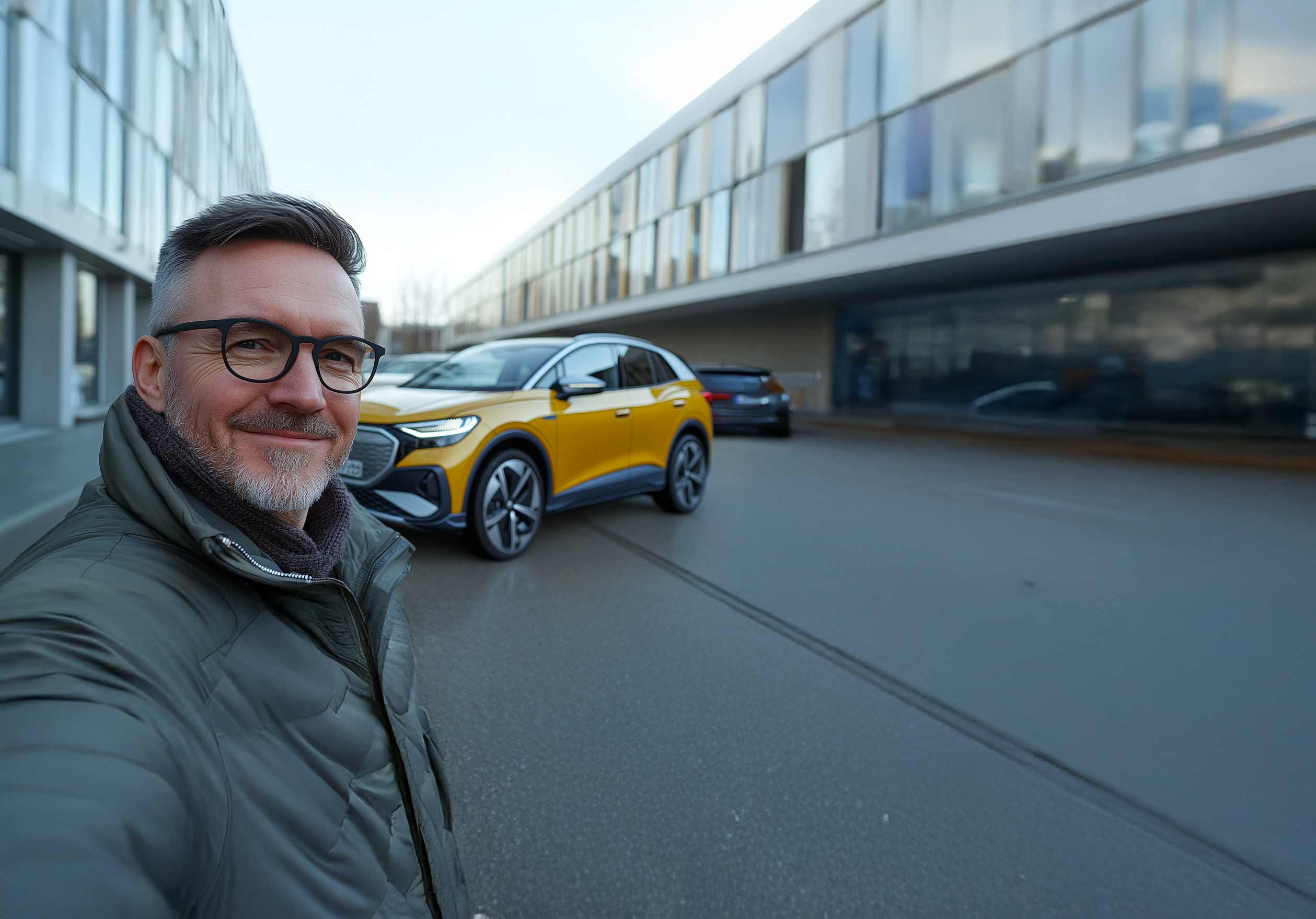 Person steht vor einem gelben Audi-Modell vor einem Bürogebäude und macht ein Selfie